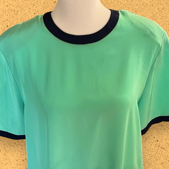 VTG 90s Turquoise and Navy Button Neck Closure Polyester Top | S - Picture 4 of 7